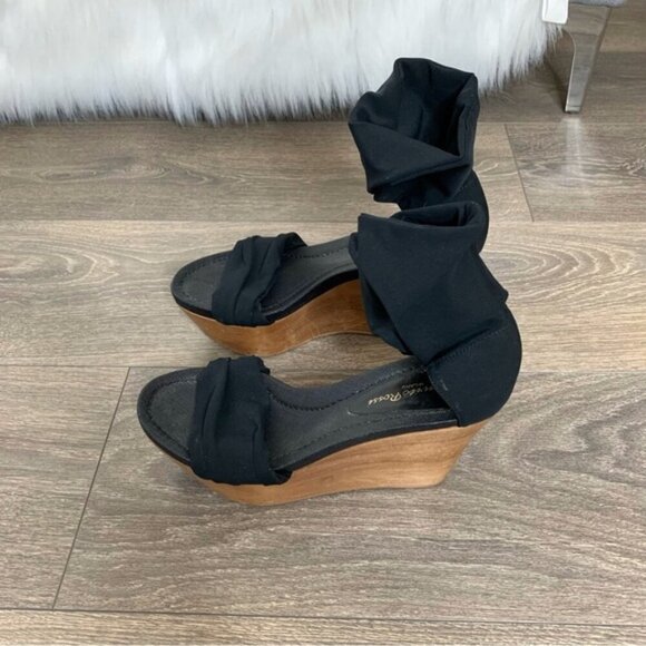 Gianvito Rossi Wood Platform Wedge Sandals Stretch Fabric Ankle Black Y2K 2000s - Picture 6 of 11